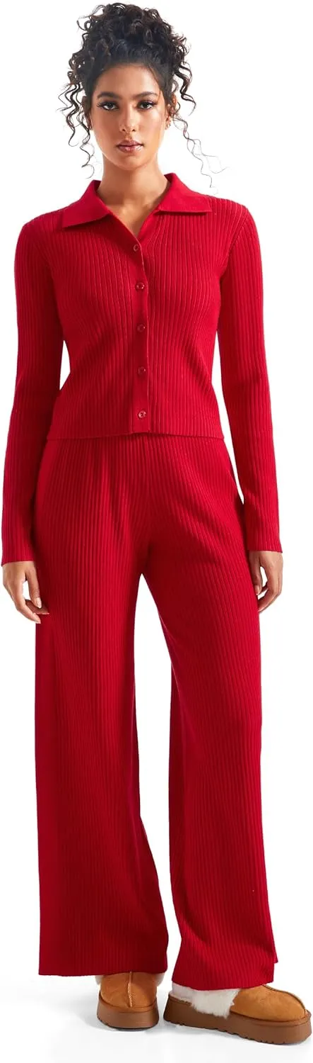 SUUKSESS Women Knit Long Sleeve Lounge Sets Ribbed Matching Comfy Two Piece Sets