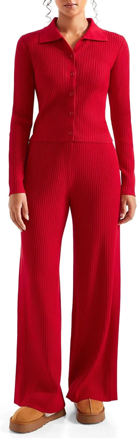 SUUKSESS Women Knit Long Sleeve Lounge Sets Ribbed Matching Comfy Two Piece Sets