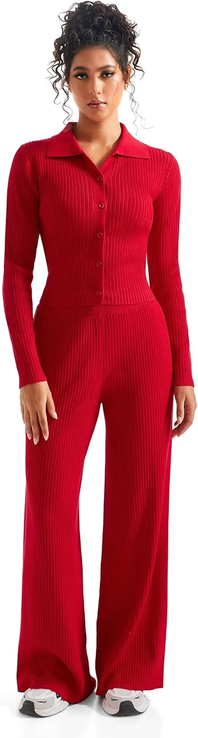 SUUKSESS Women Knit Long Sleeve Lounge Sets Ribbed Matching Comfy Two Piece Sets