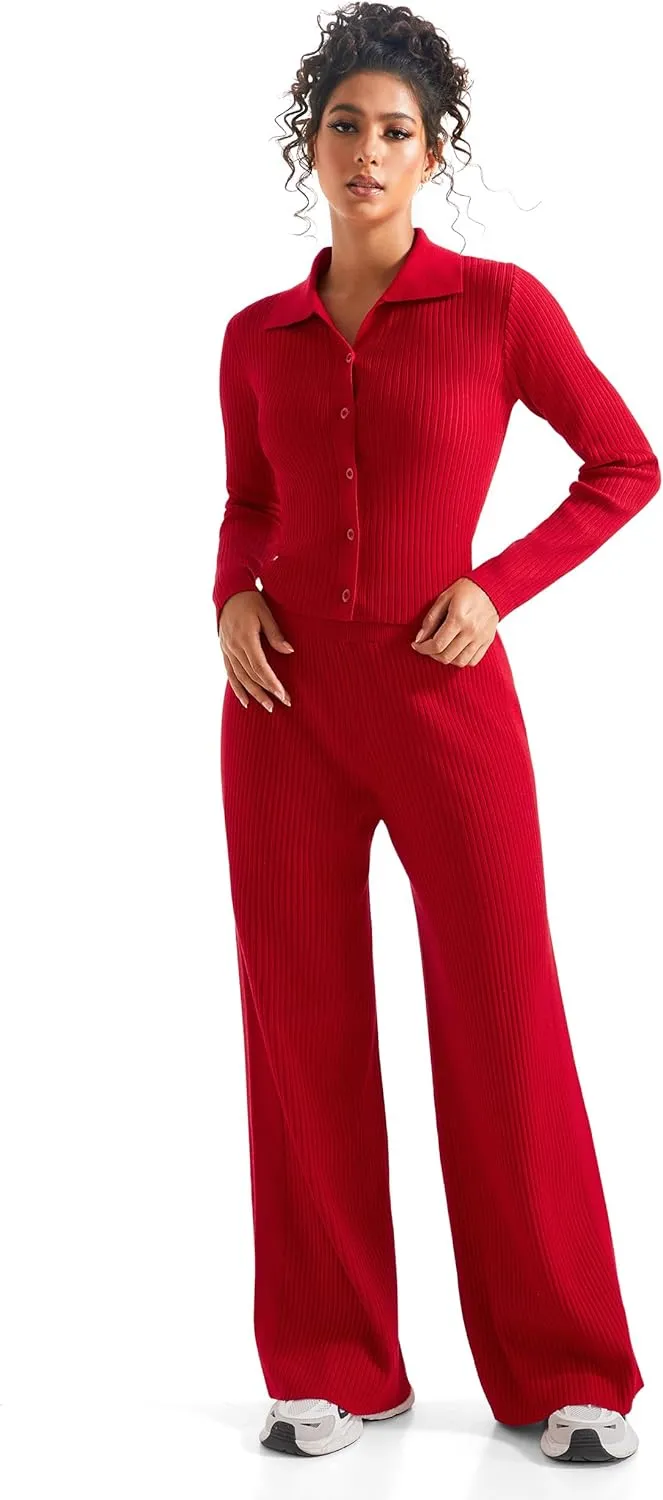 SUUKSESS Women Knit Long Sleeve Lounge Sets Ribbed Matching Comfy Two Piece Sets