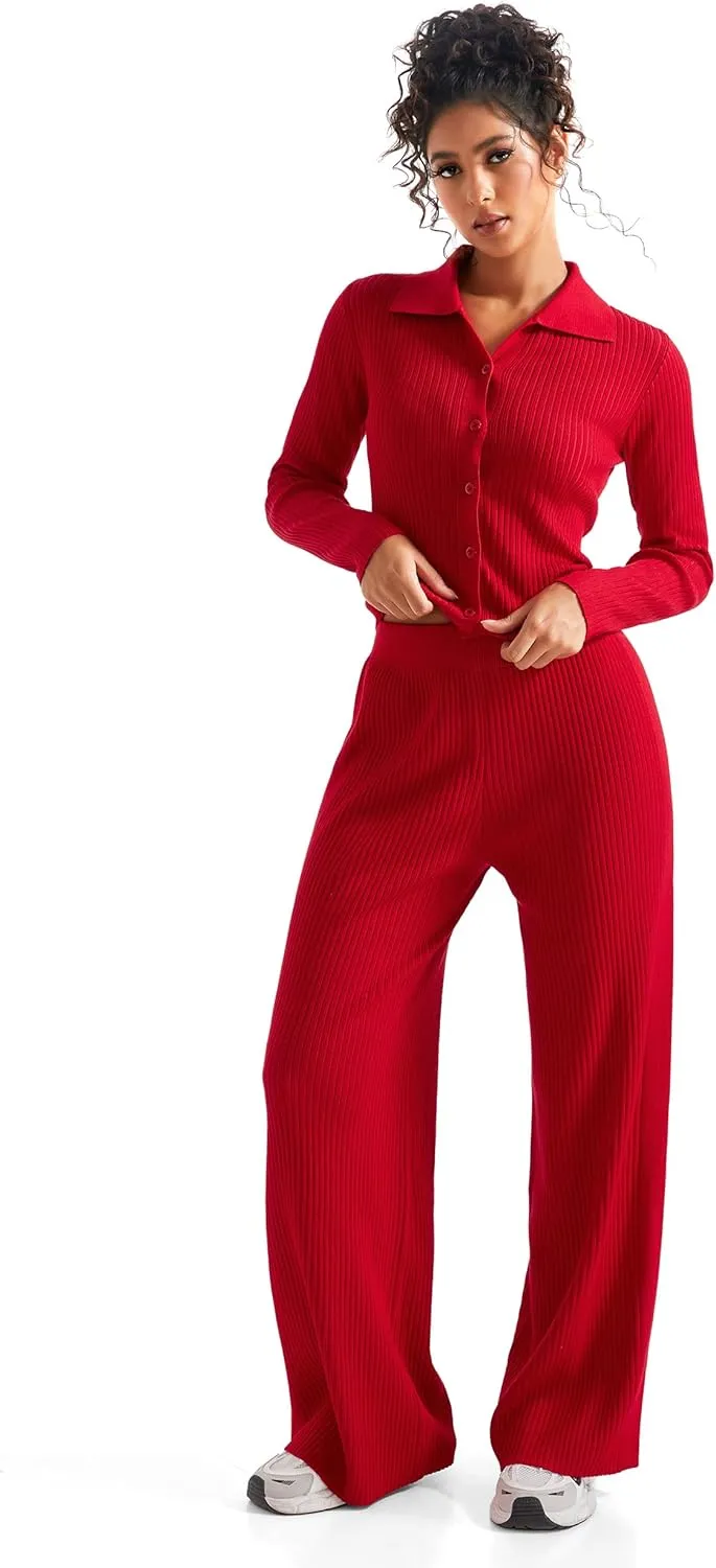 SUUKSESS Women Knit Long Sleeve Lounge Sets Ribbed Matching Comfy Two Piece Sets
