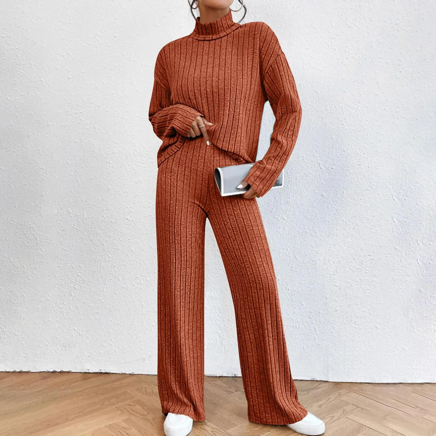 Sweater Set Women 2 Piece Lounge Set Turtleneck Knit Pullover Top and Pants Set Casual Loungewear Comfy Travel Outfit