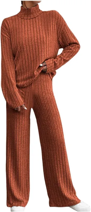 Sweater Set Women 2 Piece Lounge Set Turtleneck Knit Pullover Top and Pants Set Casual Loungewear Comfy Travel Outfit