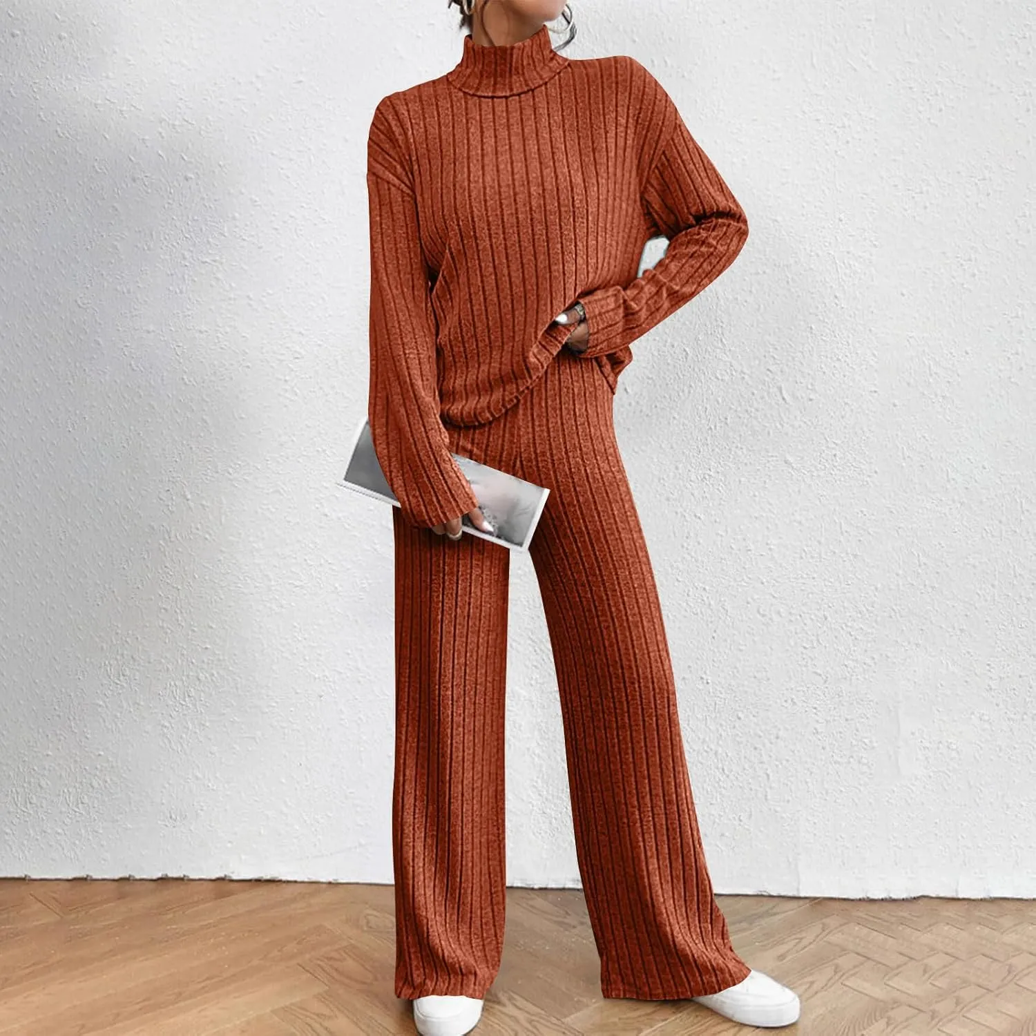 Sweater Set Women 2 Piece Lounge Set Turtleneck Knit Pullover Top and Pants Set Casual Loungewear Comfy Travel Outfit