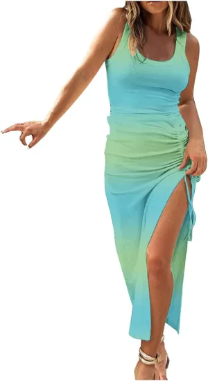 TANGNADE Women Bodycon Maxi Dress Sleeveless Drawstring Ruched Basic Party Club Slim Fit Trendy Casual Tank Dress