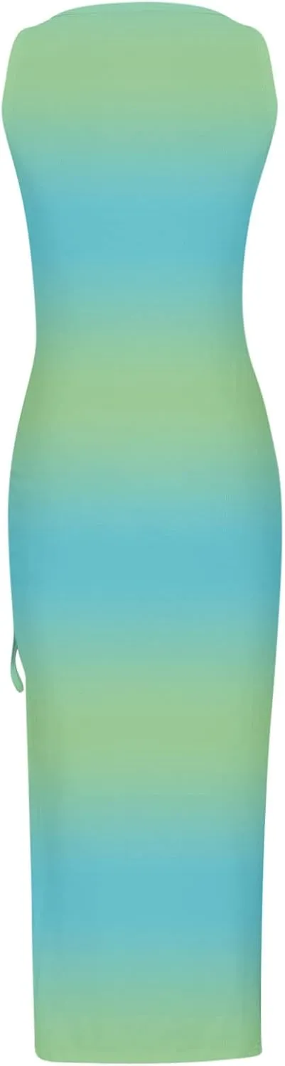 TANGNADE Women Bodycon Maxi Dress Sleeveless Drawstring Ruched Basic Party Club Slim Fit Trendy Casual Tank Dress