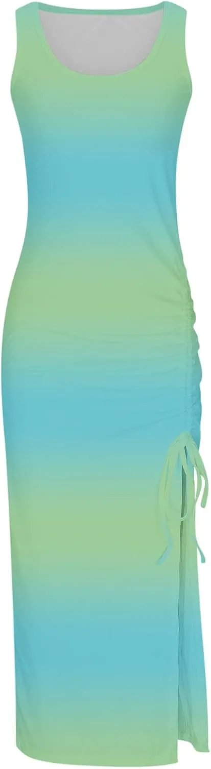 TANGNADE Women Bodycon Maxi Dress Sleeveless Drawstring Ruched Basic Party Club Slim Fit Trendy Casual Tank Dress