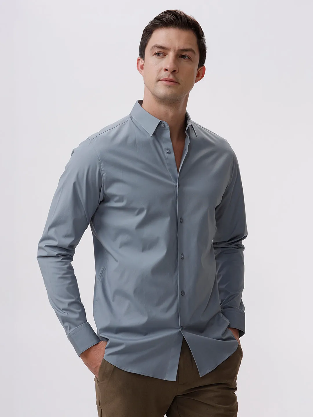 The Collection Men's Light Grey Cotton Slim Fit Full Sleeves Spread Collar Shirt
