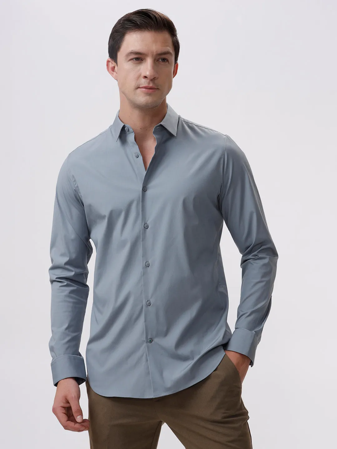 The Collection Men's Light Grey Cotton Slim Fit Full Sleeves Spread Collar Shirt