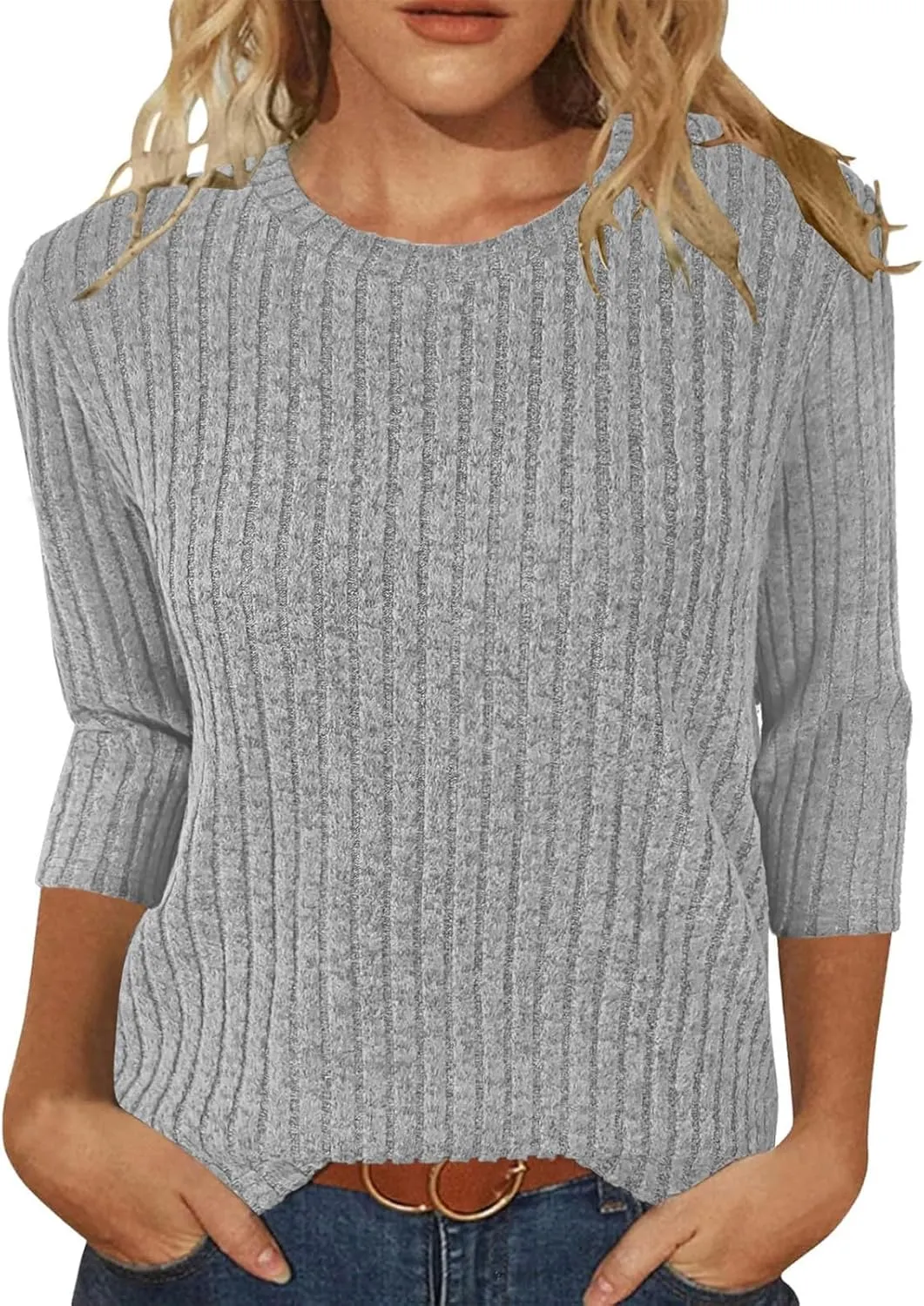 Tops for Women 2024 3/4 Sleeve Winter Ribbed Knit Shirts Trendy Lightweight Sweaters 2024 Clothing