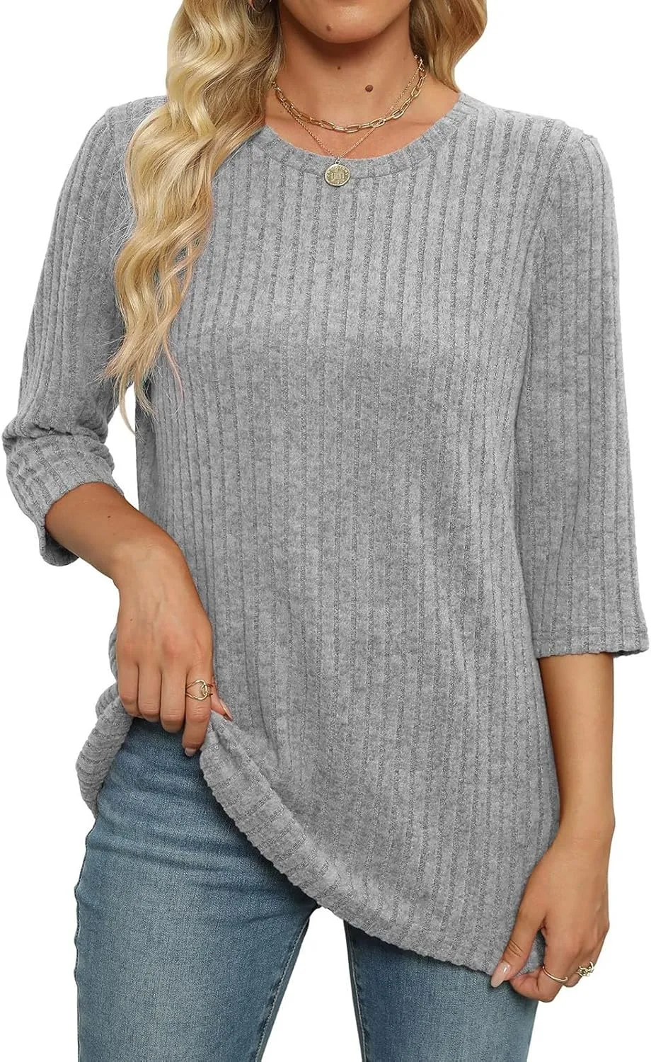 Tops for Women 2024 3/4 Sleeve Winter Ribbed Knit Shirts Trendy Lightweight Sweaters 2024 Clothing