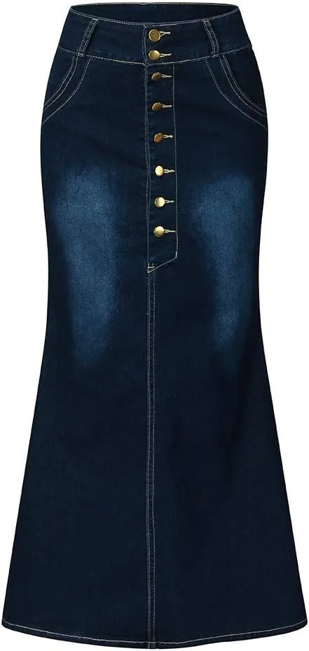 Trendy plus Size Jean Maxi Skirt for Women Front Skirts Washed Jean Casual Skirt Denim Long A-Line Women's Button Skirt