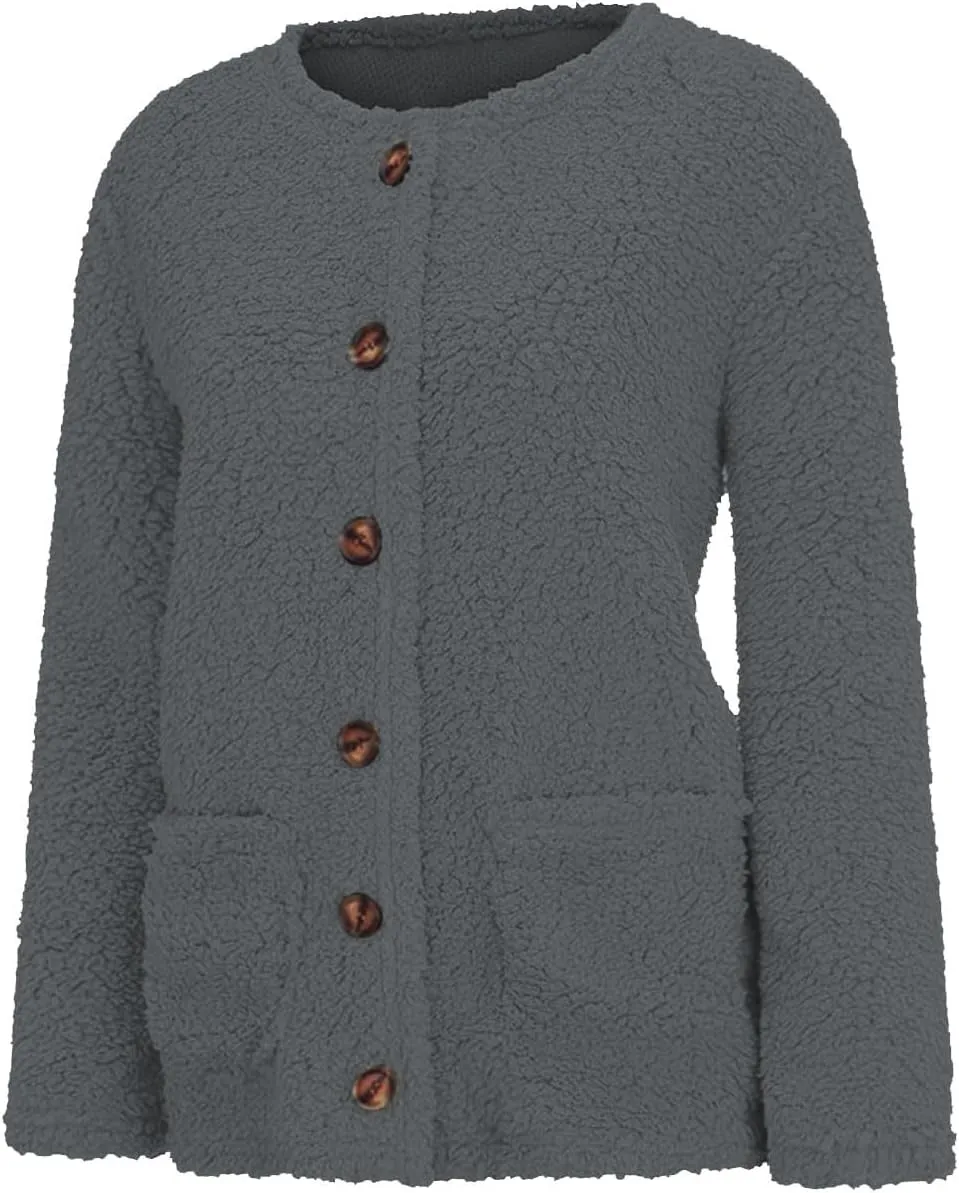 Trendy Sherpa Jacket for Women Casual Plus Size Plush Sweater Coat with Pockets Button Cardigan Coats