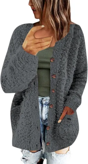 Trendy Sherpa Jacket for Women Casual Plus Size Plush Sweater Coat with Pockets Button Cardigan Coats
