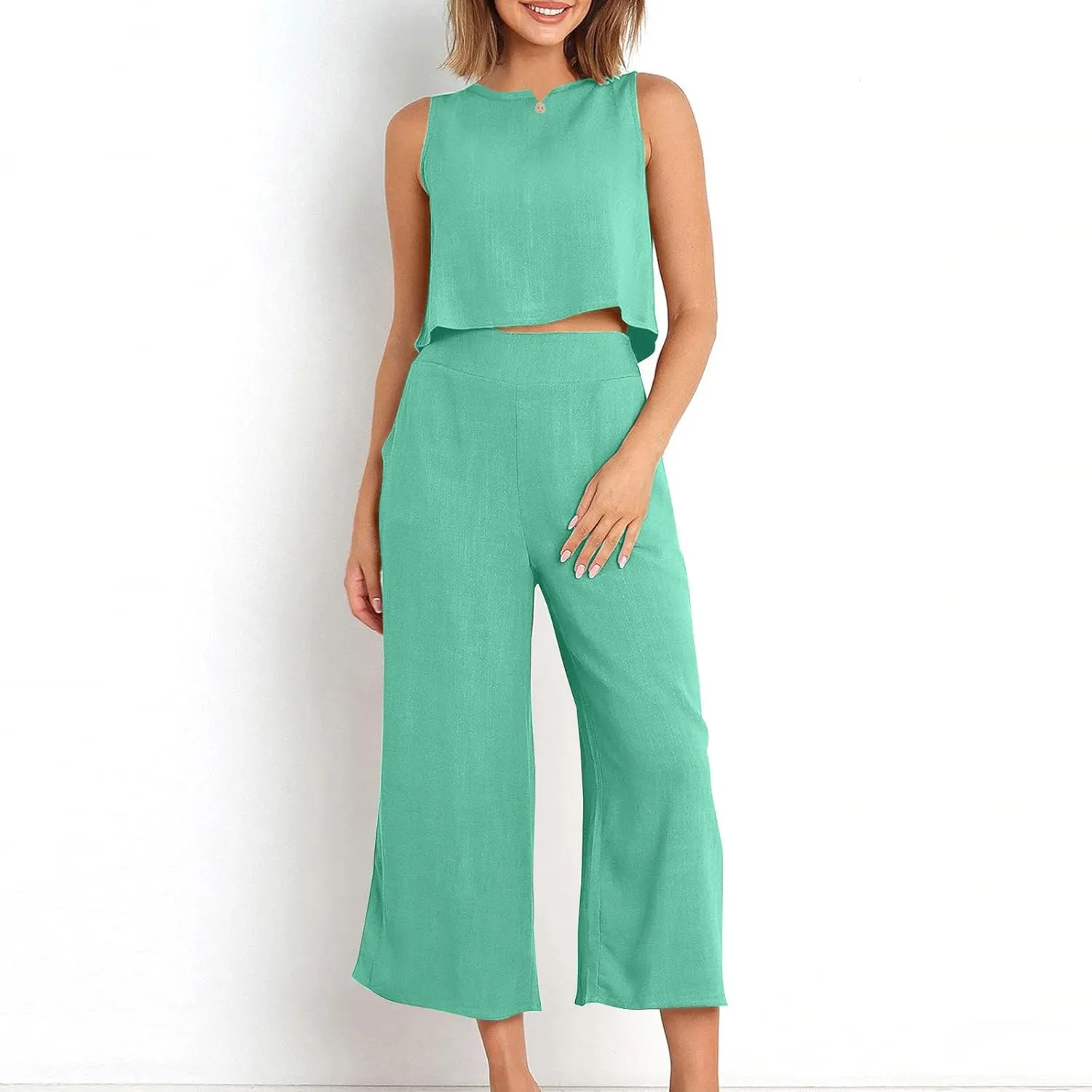 Trendy Summer Outfits for Women 2025 Gauze Tank Crop Top Wide Leg Pants 2 Piece Lounge Set Resort Wear with Pockets