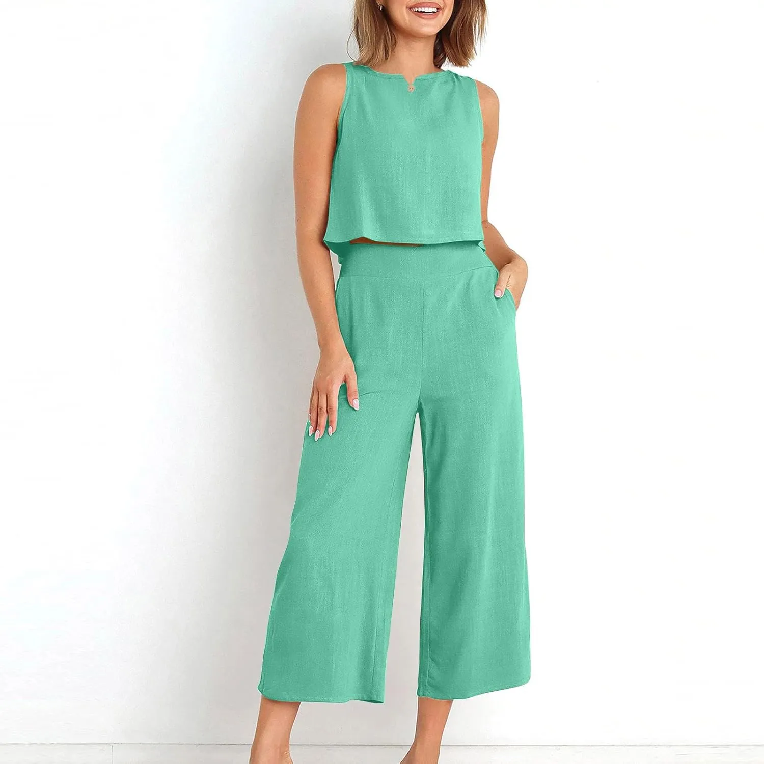 Trendy Summer Outfits for Women 2025 Gauze Tank Crop Top Wide Leg Pants 2 Piece Lounge Set Resort Wear with Pockets