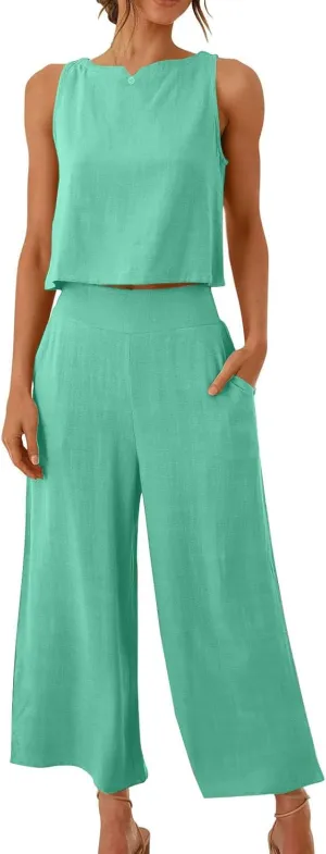 Trendy Summer Outfits for Women 2025 Gauze Tank Crop Top Wide Leg Pants 2 Piece Lounge Set Resort Wear with Pockets