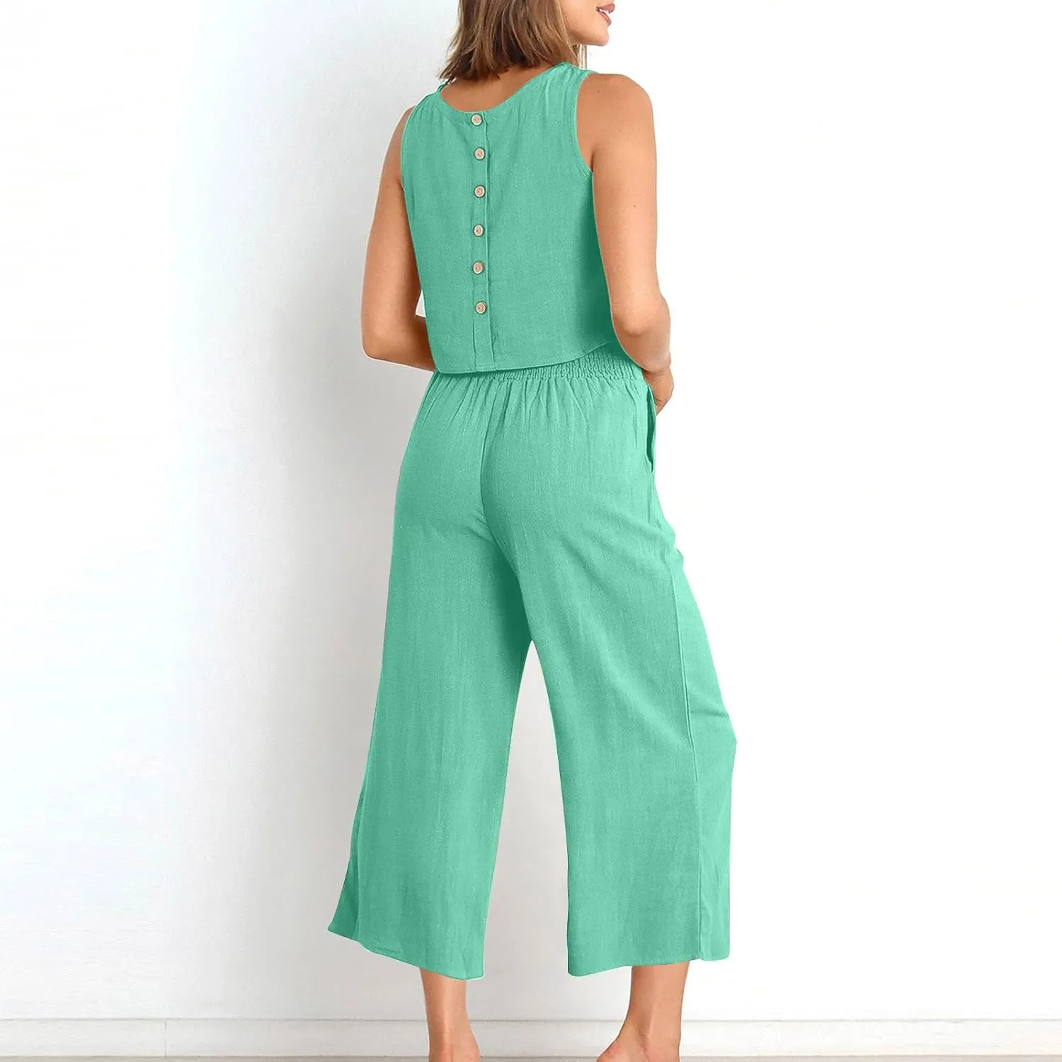 Trendy Summer Outfits for Women 2025 Gauze Tank Crop Top Wide Leg Pants 2 Piece Lounge Set Resort Wear with Pockets