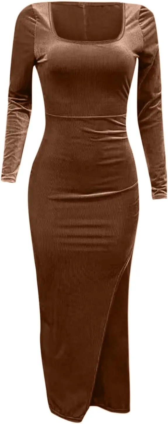 tuduoms Women's Sexy Velvet Maxi Dress High Slit Square Neck Bodycon Long Sleeve Formal Cocktail Party Dress Evening Gown