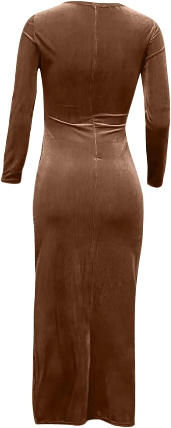 tuduoms Women's Sexy Velvet Maxi Dress High Slit Square Neck Bodycon Long Sleeve Formal Cocktail Party Dress Evening Gown