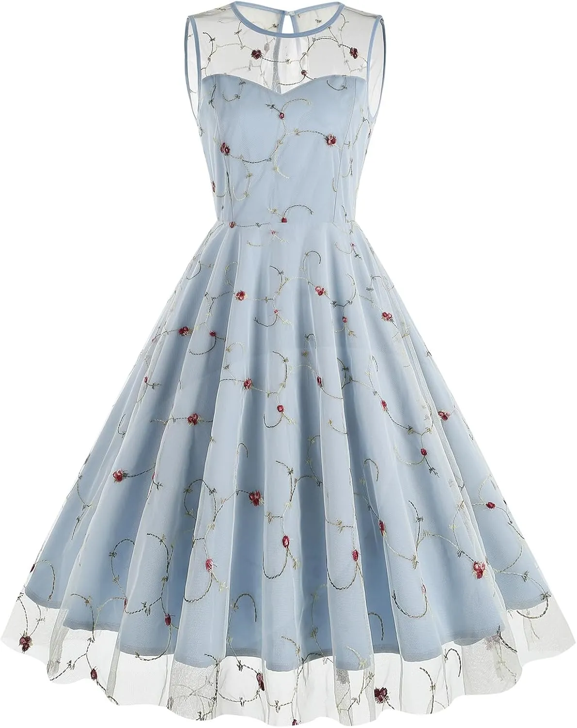 Tulle Embroidery Floral Dress for Women Sleeveless Mesh Flower Embroidered Tulle Prom Dress Summer Wedding Tea Party Dress