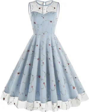 Tulle Embroidery Floral Dress for Women Sleeveless Mesh Flower Embroidered Tulle Prom Dress Summer Wedding Tea Party Dress