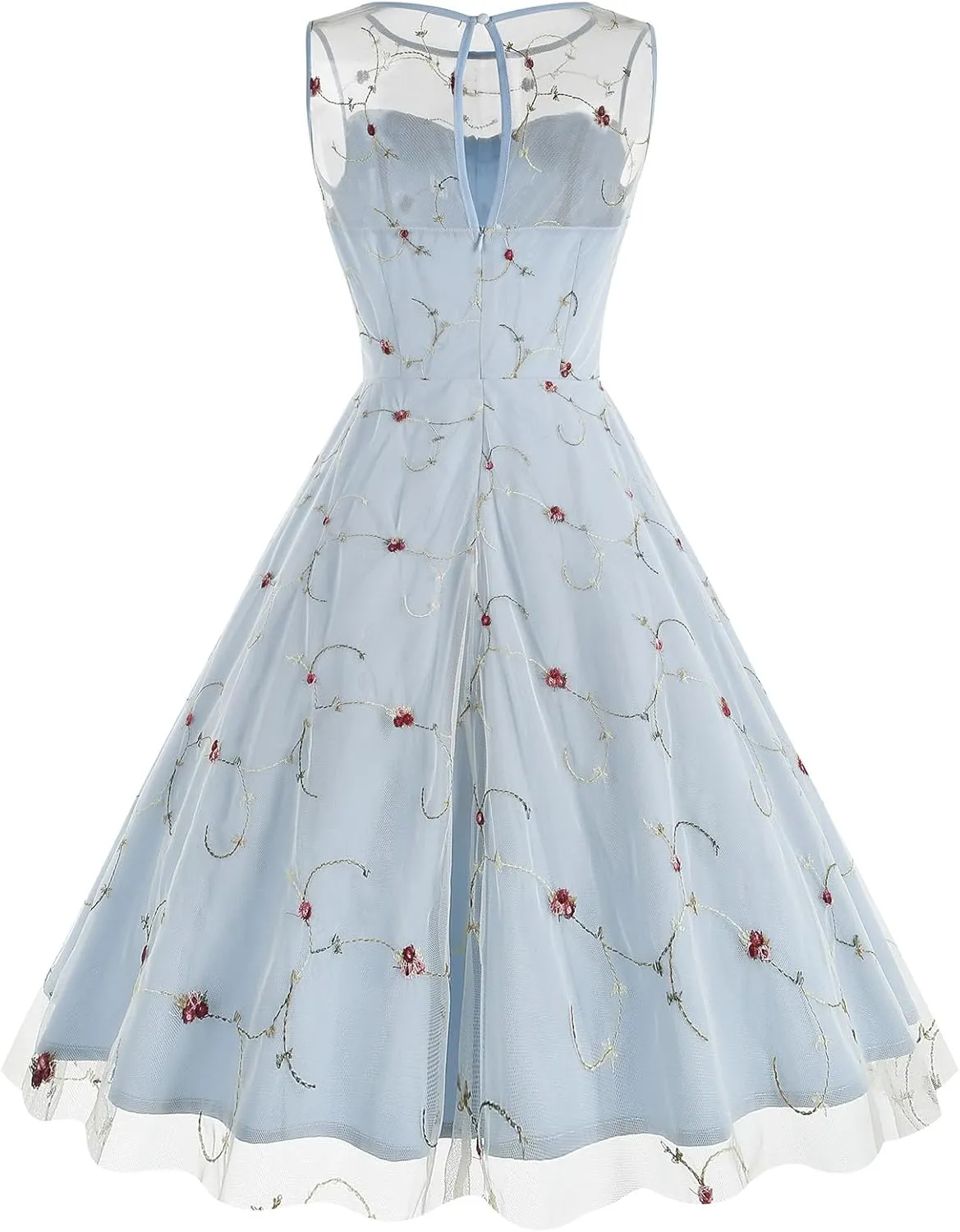 Tulle Embroidery Floral Dress for Women Sleeveless Mesh Flower Embroidered Tulle Prom Dress Summer Wedding Tea Party Dress