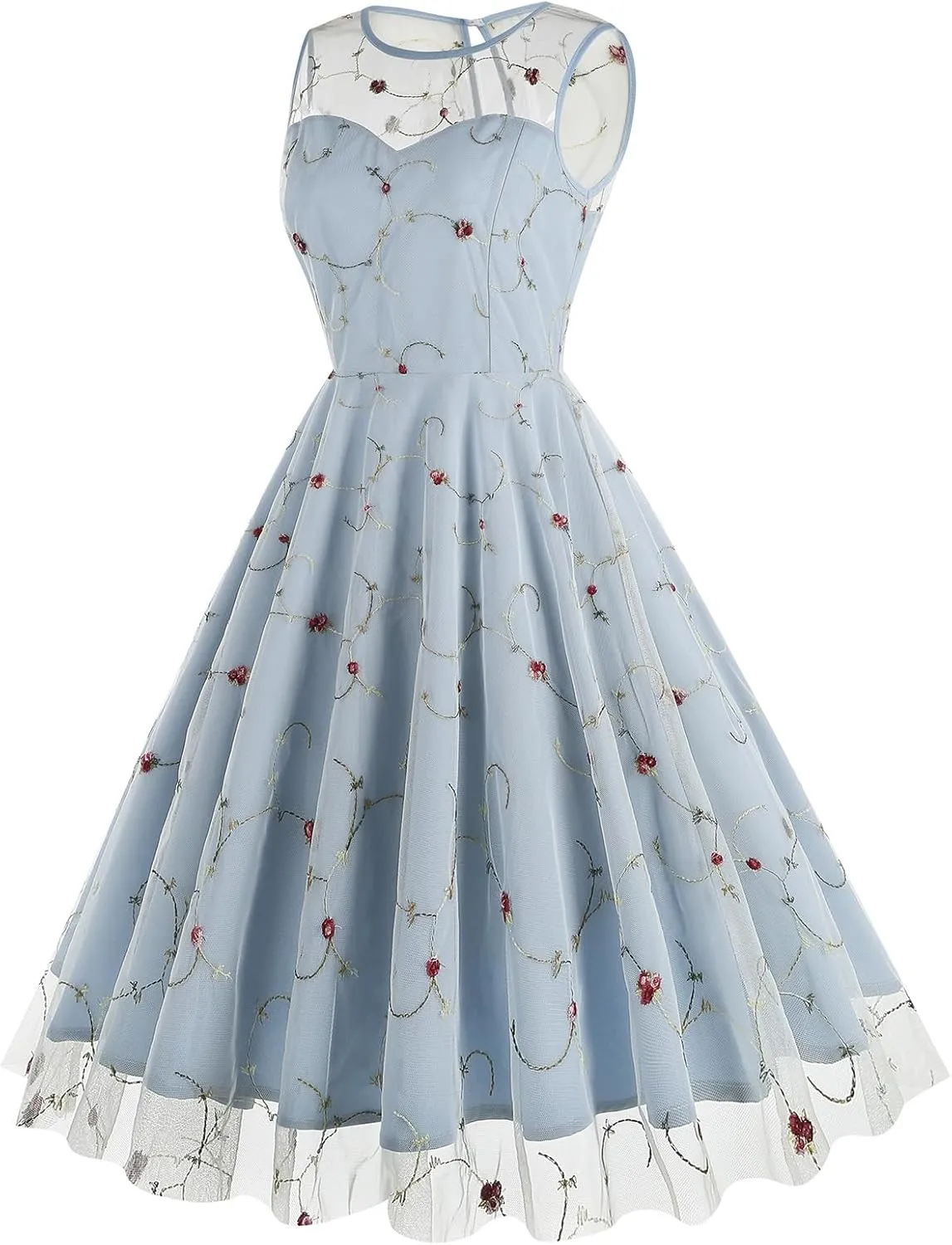 Tulle Embroidery Floral Dress for Women Sleeveless Mesh Flower Embroidered Tulle Prom Dress Summer Wedding Tea Party Dress
