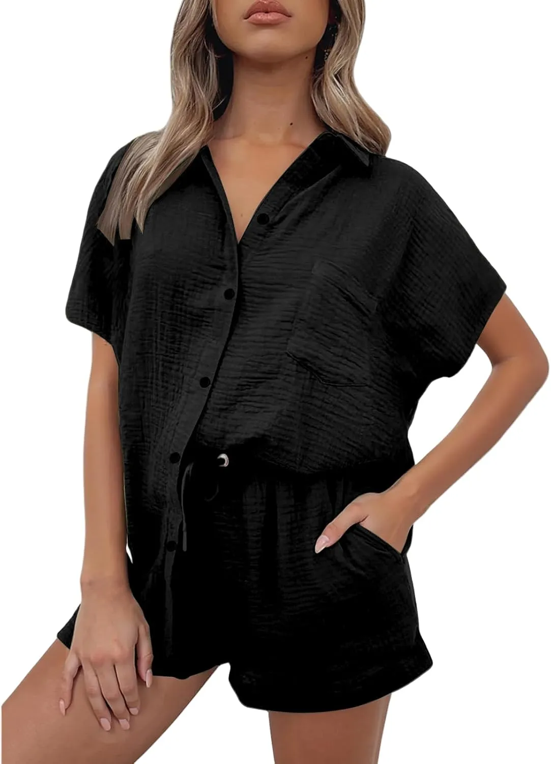 Two Piece Linen Sets for Women Summer Short Sleeve Top and Shorts Sweatsuit Set Casual Beach Vacation Outfits