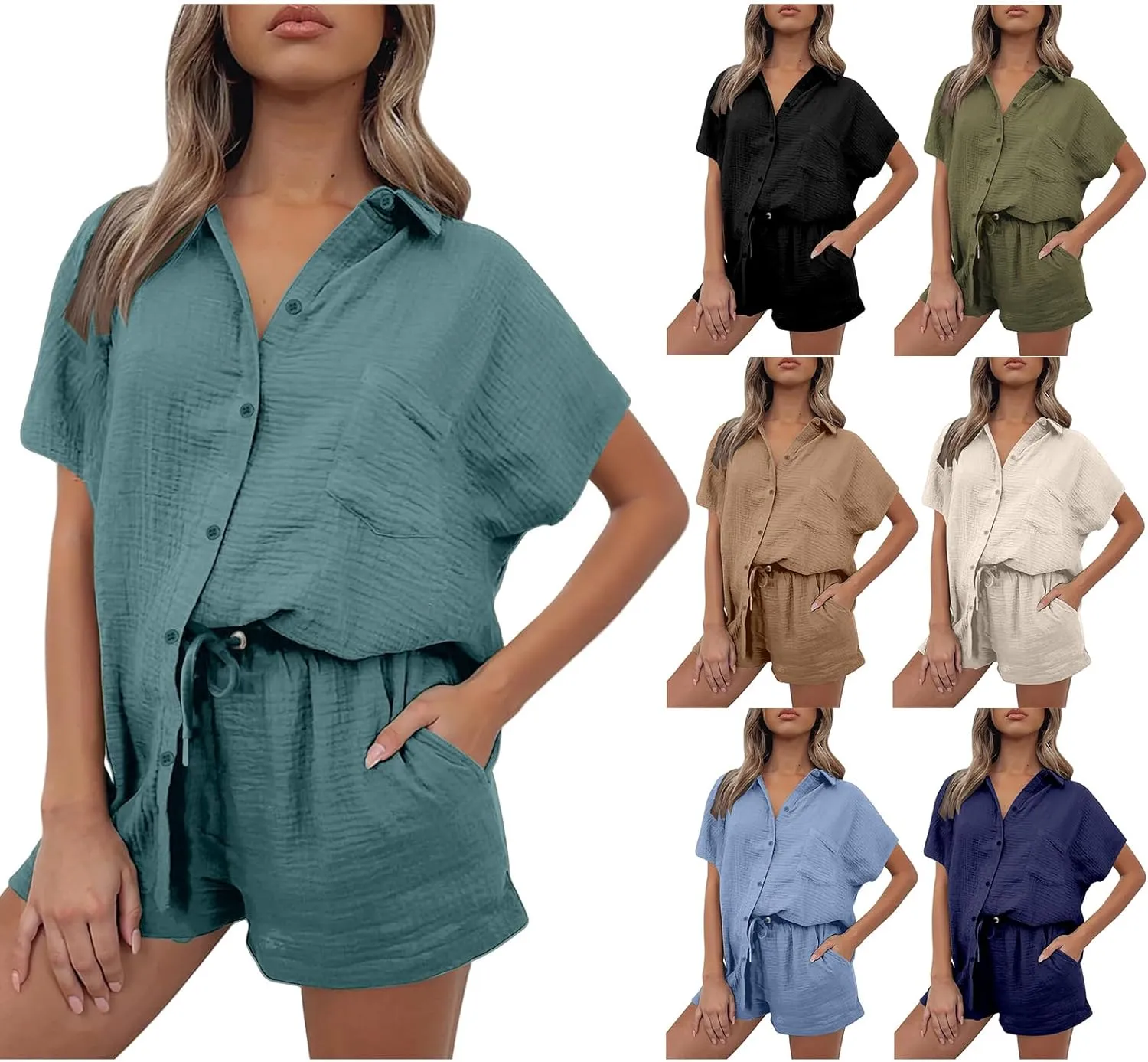 Two Piece Linen Sets for Women Summer Short Sleeve Top and Shorts Sweatsuit Set Casual Beach Vacation Outfits