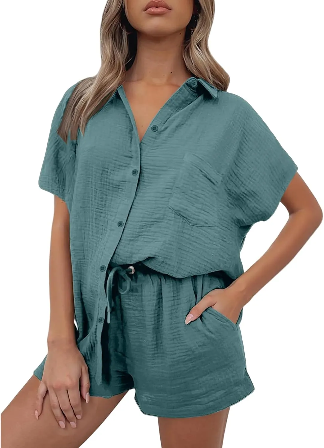 Two Piece Linen Sets for Women Summer Short Sleeve Top and Shorts Sweatsuit Set Casual Beach Vacation Outfits