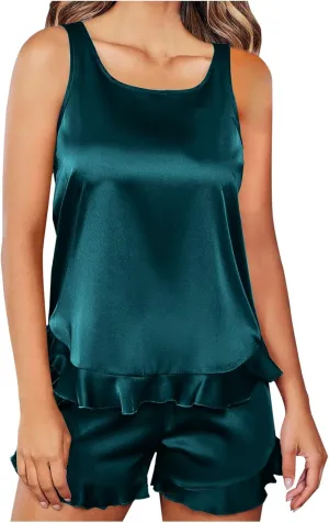 Two Piece Pajamas Set for Women Satin Solid Sleeveless Lace Hem Shirts and Short Lounge Pant Loungewear Set