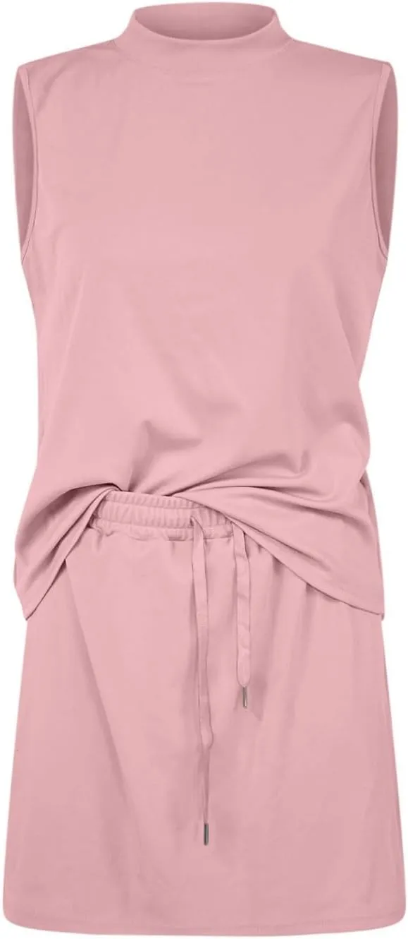 Two Piece Skirt Set for Women Sweatsuits Tennis Outfits Trendy Casual Mock Neck Sleeveless Top Elastic Short Skorts