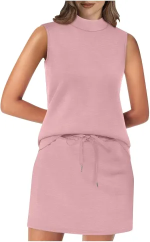 Two Piece Skirt Set for Women Sweatsuits Tennis Outfits Trendy Casual Mock Neck Sleeveless Top Elastic Short Skorts