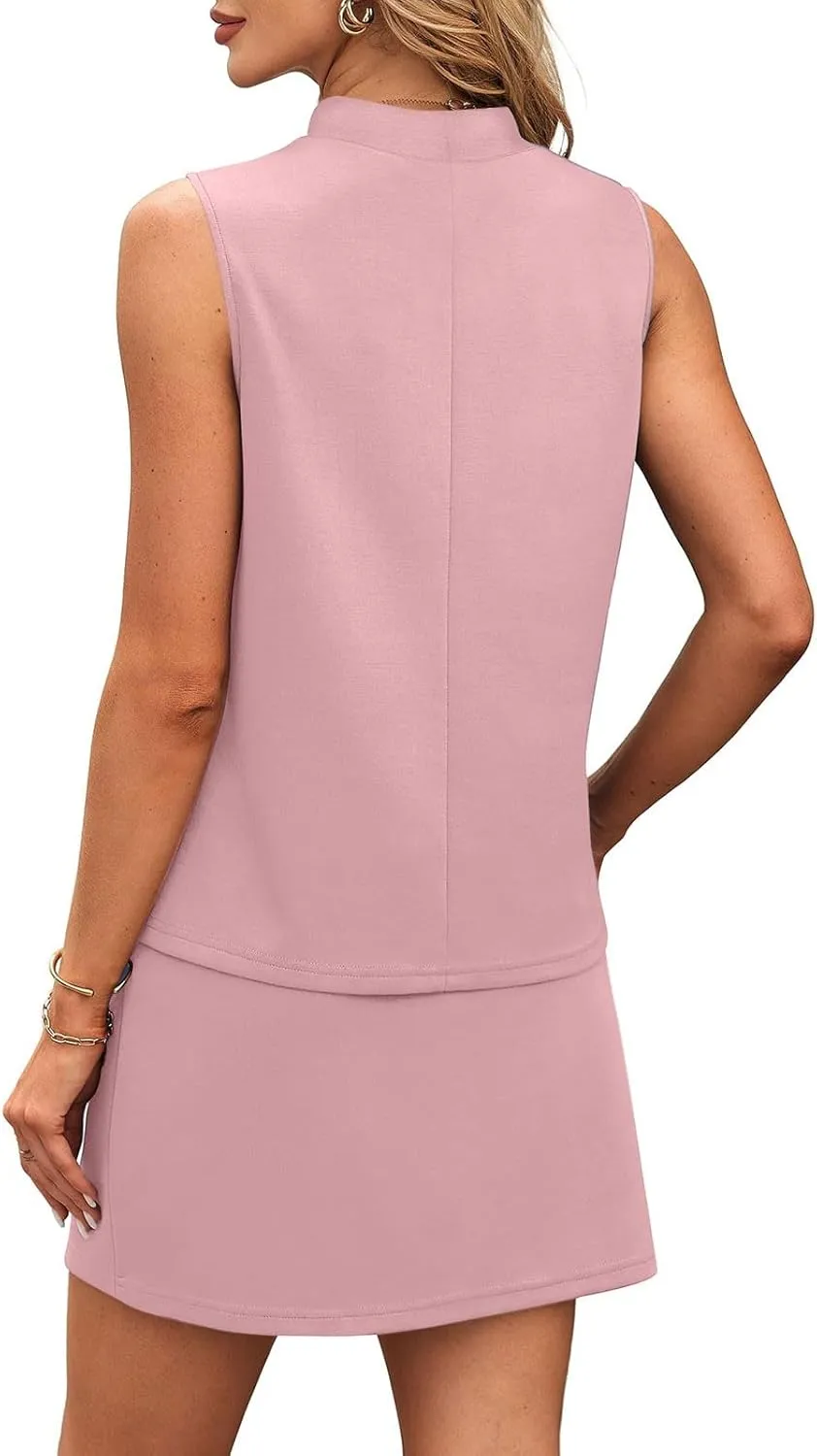 Two Piece Skirt Set for Women Sweatsuits Tennis Outfits Trendy Casual Mock Neck Sleeveless Top Elastic Short Skorts