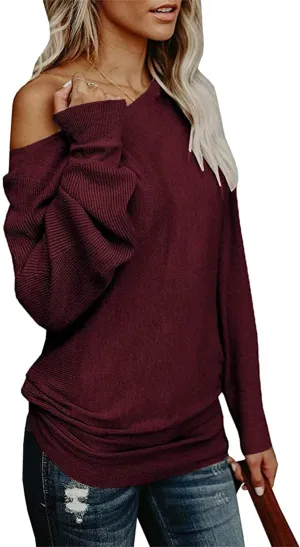 UMEKO Womens Off The Shoulder Sweater Oversized Knit Long Sleeve Sweaters Tunic Tops