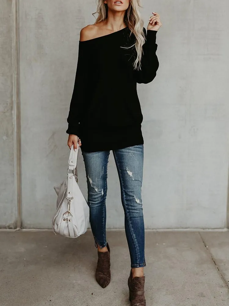 UMEKO Womens Off The Shoulder Sweater Oversized Knit Long Sleeve Sweaters Tunic Tops