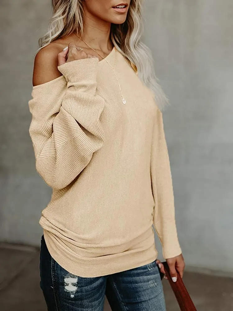 UMEKO Womens Off The Shoulder Sweater Oversized Knit Long Sleeve Sweaters Tunic Tops
