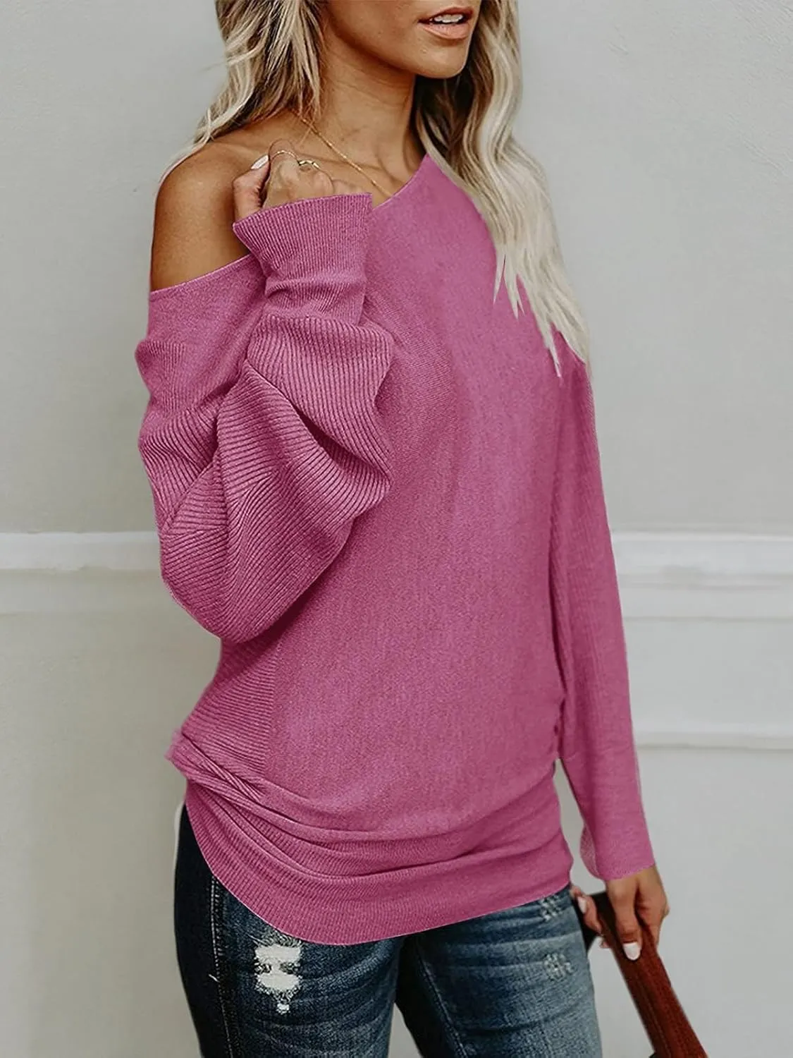 UMEKO Womens Off The Shoulder Sweater Oversized Knit Long Sleeve Sweaters Tunic Tops