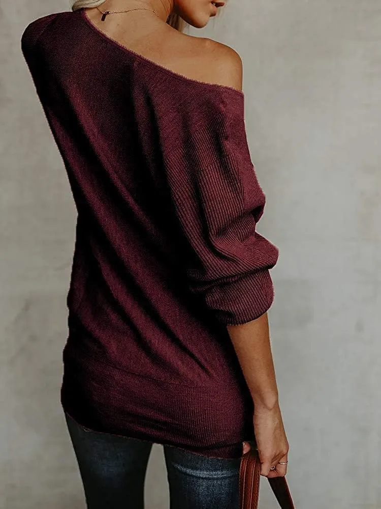 UMEKO Womens Off The Shoulder Sweater Oversized Knit Long Sleeve Sweaters Tunic Tops