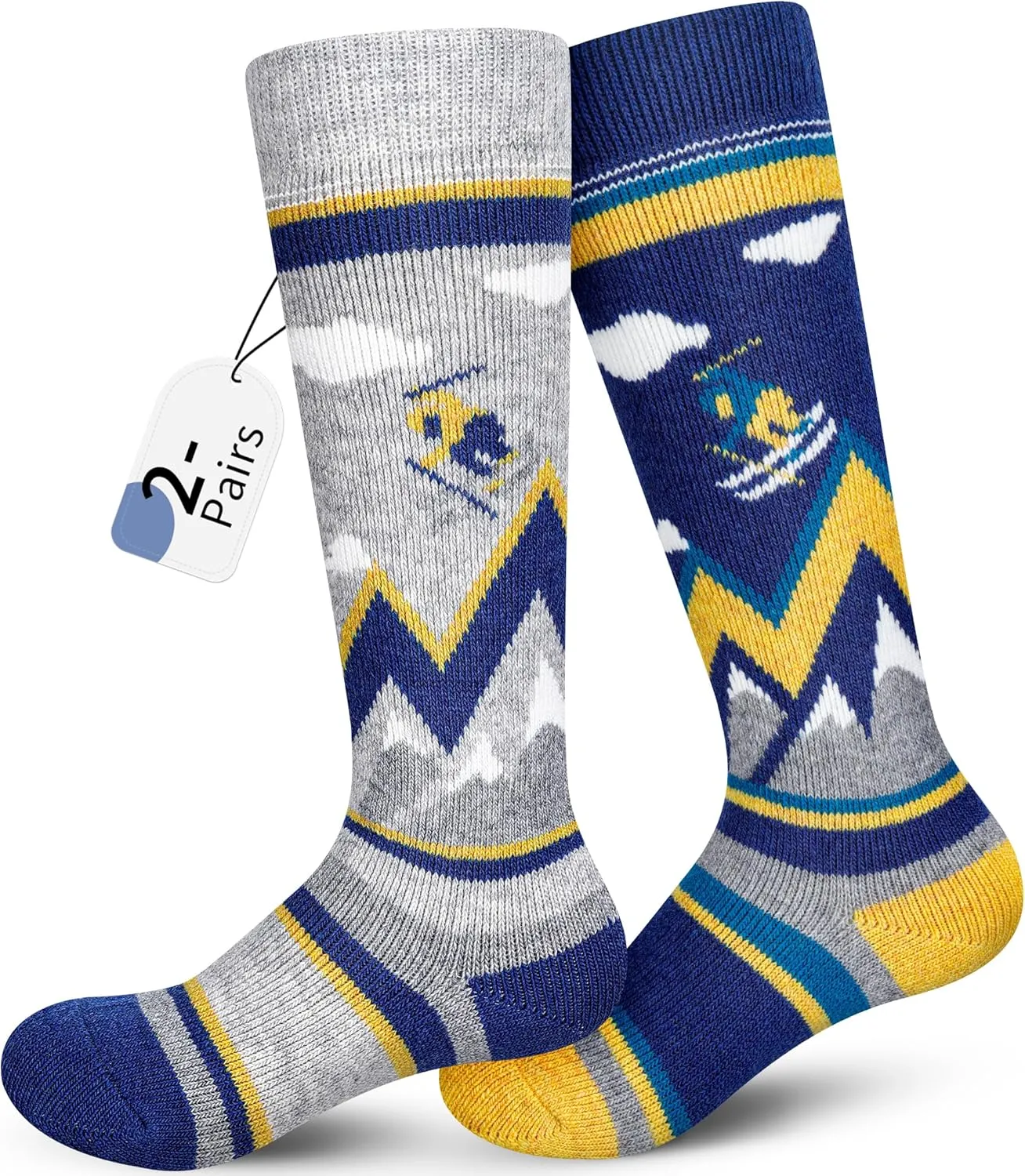 unenow Merino Wool Ski Socks Kids 2 Pairs, Winter Warm Snowboarding Thermal Socks for Boys Girls Toddlers