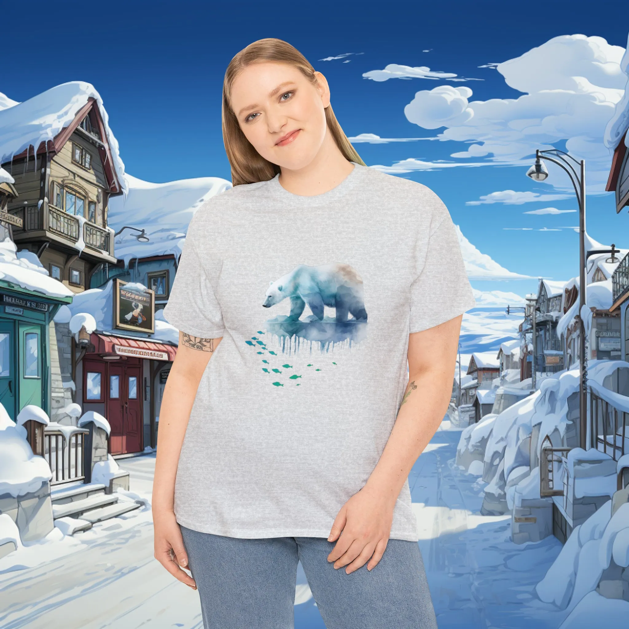 Unisex "Polar Fishing" Heavy Cotton Tee. Graphic T-Shirt, Unisex, Polar Bear, Animal Lover, Gift For Him, Gift For Her, Birthday Gift.