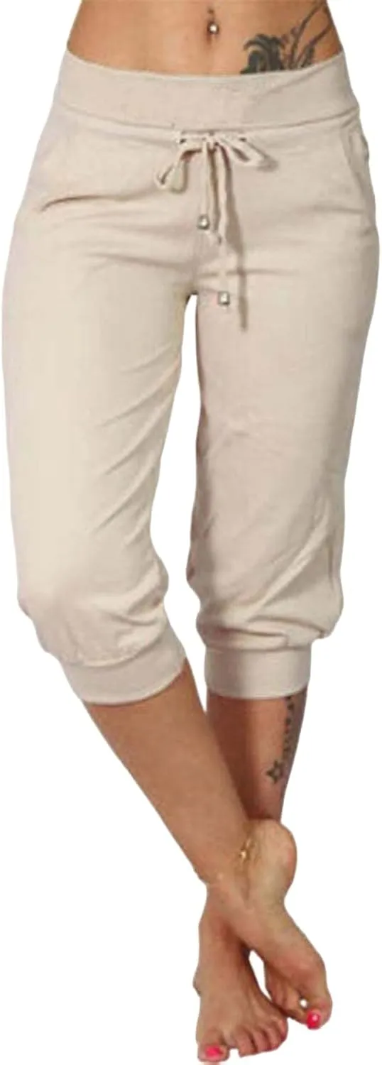 uSecee Womens Capri Sweatpants Drawstring Waist Cropped Yoga Joggers Casual Loose Lounge Pants Palazzo Trousers with Pockets