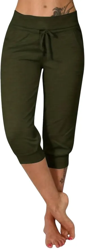 uSecee Womens Capri Sweatpants Drawstring Waist Cropped Yoga Joggers Casual Loose Lounge Pants Palazzo Trousers with Pockets