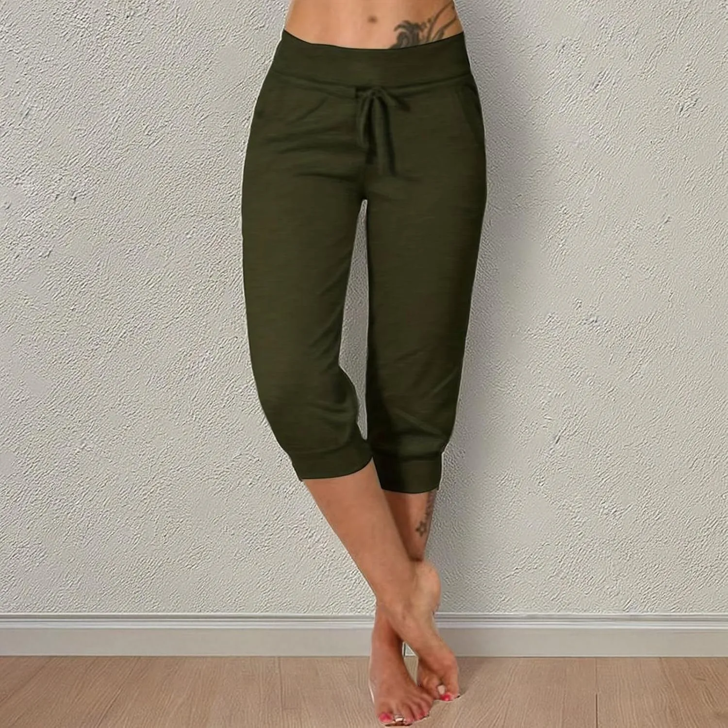 uSecee Womens Capri Sweatpants Drawstring Waist Cropped Yoga Joggers Casual Loose Lounge Pants Palazzo Trousers with Pockets