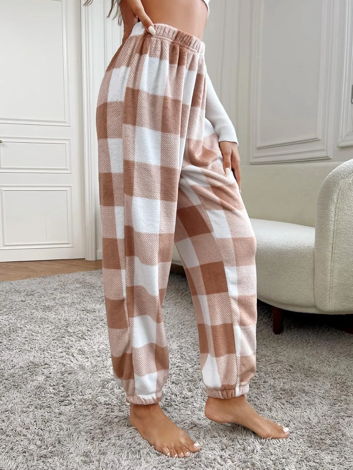 Verdusa Women's Buffalo Plaid Print Fuzzy Pajama Pants Loungewear Sleep Pants