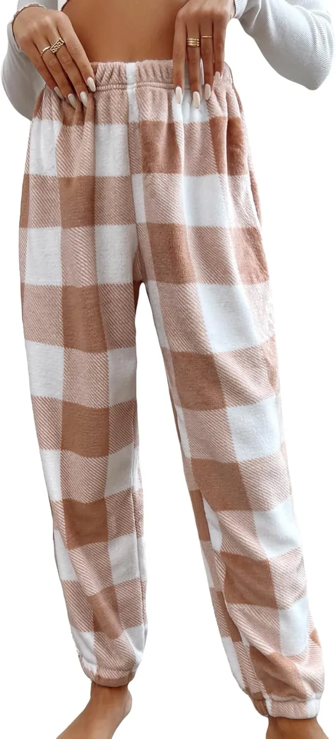 Verdusa Women's Buffalo Plaid Print Fuzzy Pajama Pants Loungewear Sleep Pants