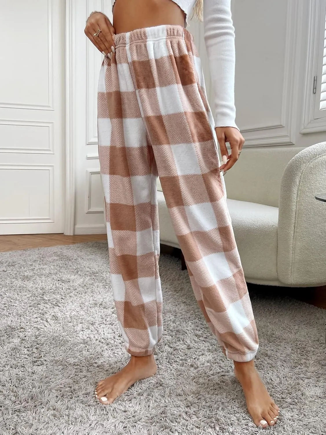Verdusa Women's Buffalo Plaid Print Fuzzy Pajama Pants Loungewear Sleep Pants