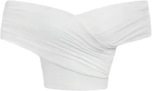 Verdusa Women's Off Shoulder Ruched Crop Tops Short Sleeve Wrap Asymmetrical Tee Shirt