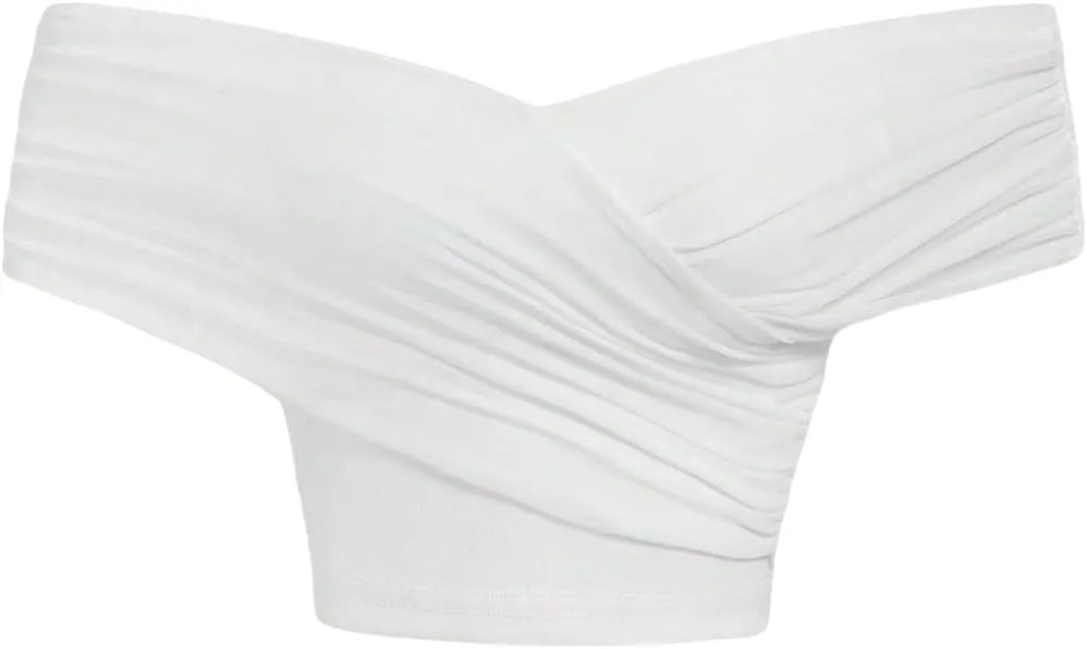 Verdusa Women's Off Shoulder Ruched Crop Tops Short Sleeve Wrap Asymmetrical Tee Shirt